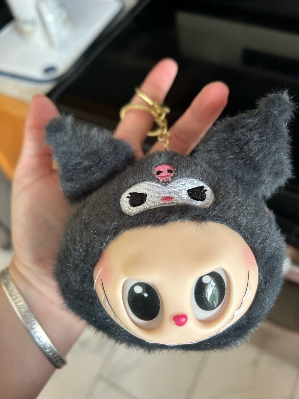 4/$100 Labubu Plush Character Keychain - Dark Gray Furry Face with Pink Accent
